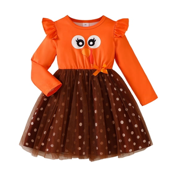 WERYOUNG Halloween Girls Dresses With Thanksgiving Turkey Print Long Sleeve Party Dresses For Girls Kids Comfortable Sundresses 4-5 Years