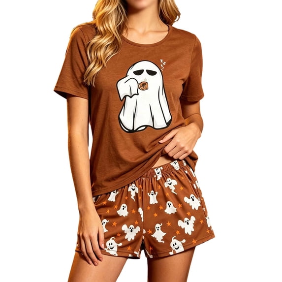WERYOUNG Halloween Pajamas For Women Set Ghost Prints Short Sleeve Button Down Shirts Shorts Ladies Fall Winter Soft Cozy Sleepwear,Size L