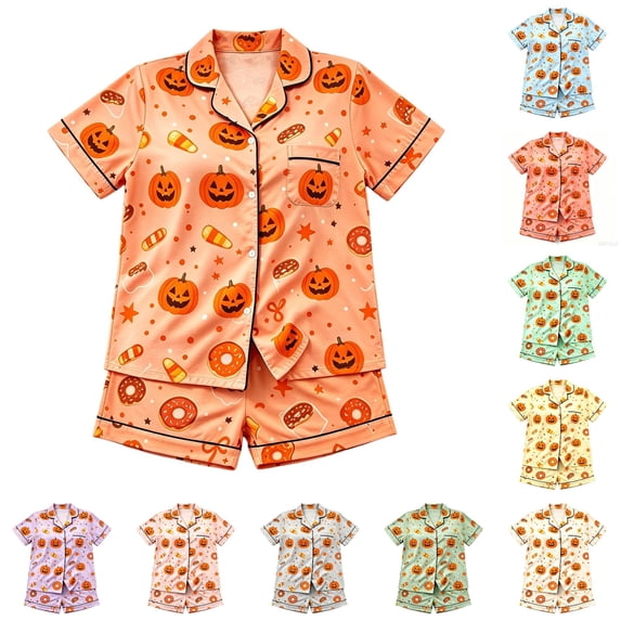 WERYOUNG Halloween Pajamas For Girls Pumpkin Printed Short Sleeve Lapel Collar Top And Shorts Kids Soft Cozy 2 Piece Sleepwear Loungewear Sets Breathable Homewear 15-16 Years