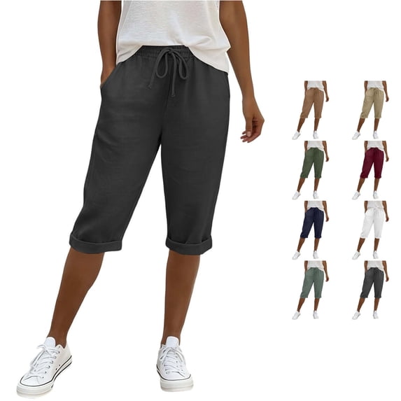 WERYOUNG High Waist Casual Knee Length Pants For Womens Elastic Waistband Loose Fit Summer Trousers With Pockets Versatile Bottom L