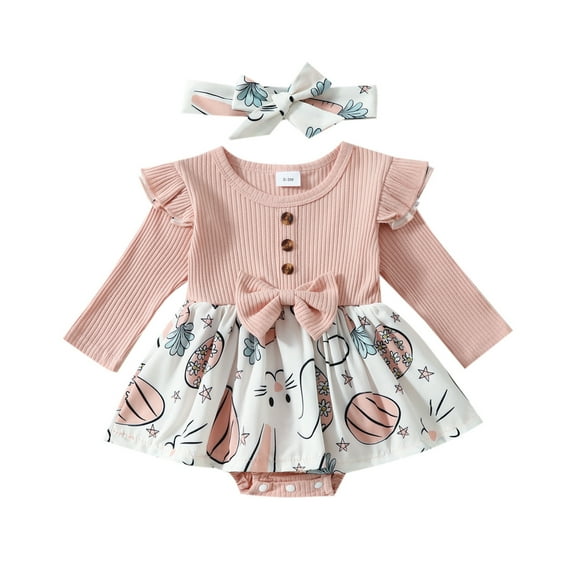 WERYOUNG Girls Long Sleeve Easter Rabbit Prints Romper Ribbed Bodysuits Dress Headbands Set, Red, 3-6 Months