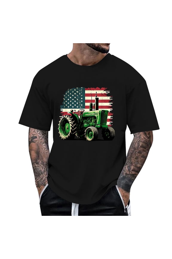 Men's T-Shirts Patriotic Farm Tractor Graphic Tees Casual Short Sleeve Fourth Of July T Shirts Holiday Celebration Versatile Top