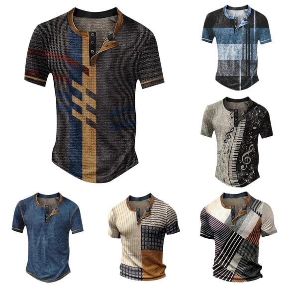 WERYOUNG Mens T-Shirts Summer Color Block Retro Tees Short Sleeve Button Down Casual Tees Soft Tops M