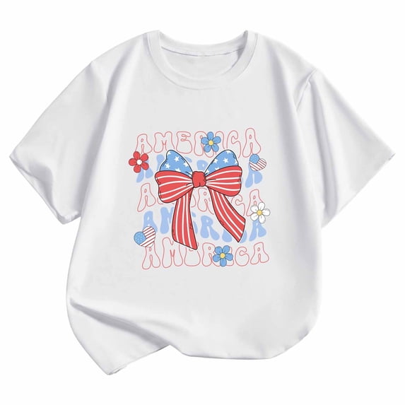 WERYOUNG Patriotic Graphic T Shirts For Girls Round Neck Short Sleeve Festival Tee Fourth Of July Celebration T-Shirts Holiday Party Versatile Tops