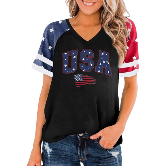 WERYOUNG Patriotic Graphic T Shirts For Women Short Sleeve Crew Neck Casual Tees Independence Day Celebration T-Shirts Versatile Tops L