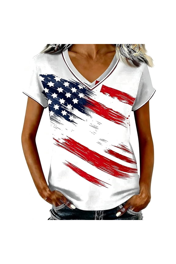 Patriotic Stars And Stripes T Shirts For Women Short Sleeved Round Neck T-Shirt Fourth Of July USA Festival Tees Outdoor Activities Comfortable Tops S