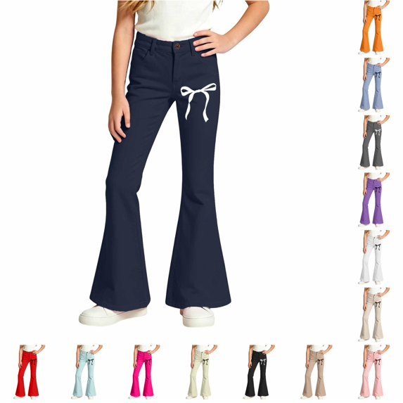 WERYOUNG School Uniform For Girls Elastic Waist Bow Graphic Flared Leg Trousers Kids Slim Fit Back To School Pants 13-14 Years