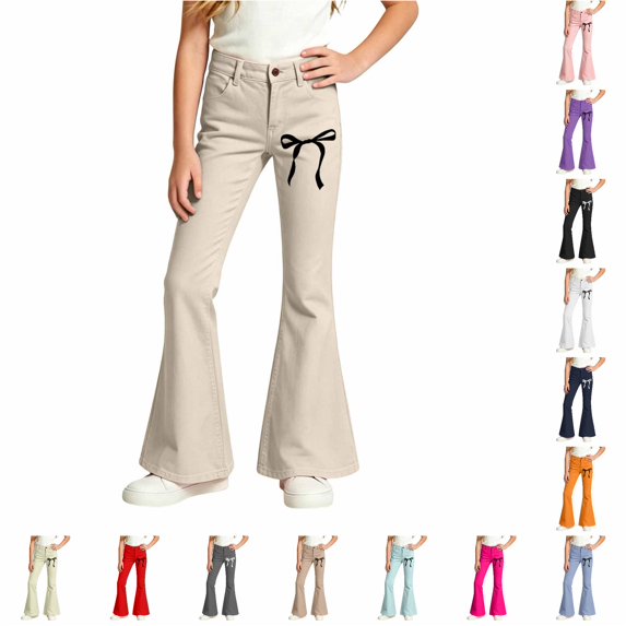WERYOUNG School Uniform For Girls Elastic Waist Bow Graphic Flared Leg Trousers Kids Slim Fit Back To School Pants 5-6 Years
