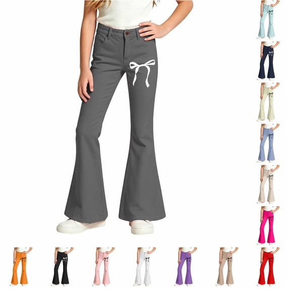 WERYOUNG School Uniform For Girls Elastic Waist Bow Graphic Flared Leg Trousers Kids Slim Fit Back To School Pants 9-10 Years
