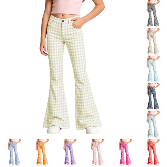 WERYOUNG School Uniform For Girls Elastic Waist Plaid Flared Leg Trousers Kids Loose Fit Back To School Pants 13-14 Years