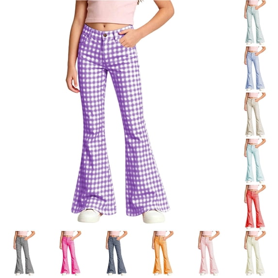 WERYOUNG School Uniform For Girls Elastic Waist Plaid Flared Leg Trousers Kids Loose Fit Back To School Pants 15-16 Years
