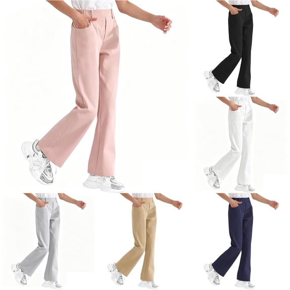 WERYOUNG School Uniform For Girls Elastic Waist Solid Color Flared Leg Trousers Kids Girls Stretchy Back To School Pants 7-8 Years