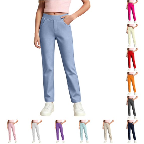 WERYOUNG School Uniform For Girls Elastic Waist Solid Color Straight Leg Trousers Kids Comfortable Back To School Pants 11-12 Years