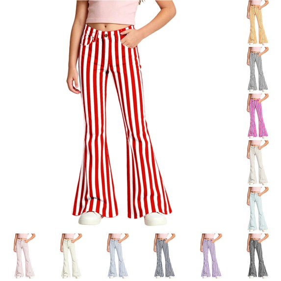 WERYOUNG School Uniform For Girls Elastic Waist Striped Flared Leg Trousers Kids Loose Fit Back To School Pants 11-12 Years