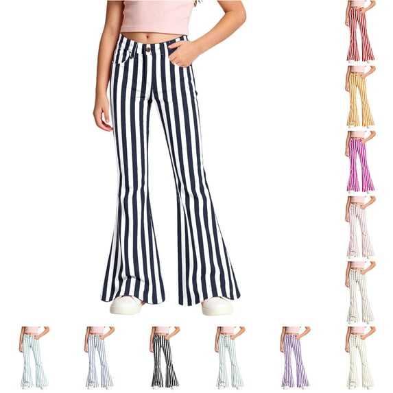 WERYOUNG School Uniform For Girls Elastic Waist Striped Flared Leg Trousers Kids Loose Fit Back To School Pants 7-8 Years