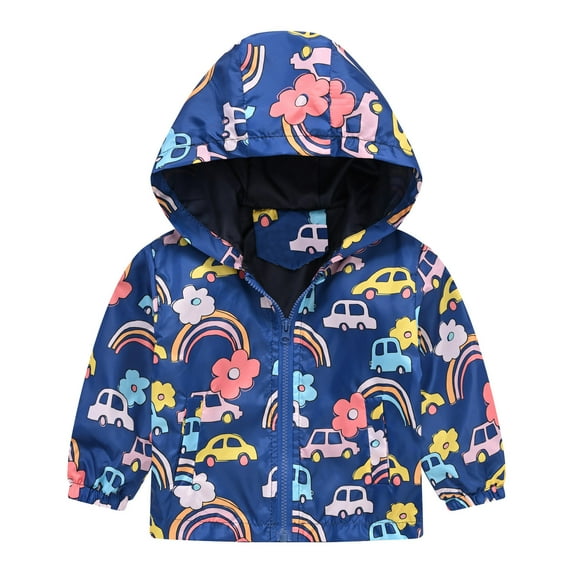 WERYOUNG Toddler Boys Girls Cartoon Prints Casual Light Coat Hooded Jacket Windproof Zipper Outwear, Dark Blue, 2-3 Years