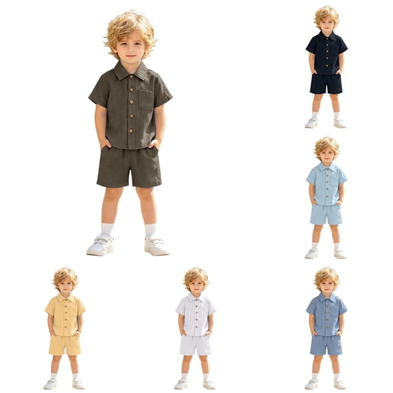 WERYOUNG Toddler Boys Girls Formal Outfits Short Sleeve Lapel Collar Solid Color Button Down Shirts Shorts 2 Piece Gentleman Sets Stylish Clothes Sets 3-4 Years