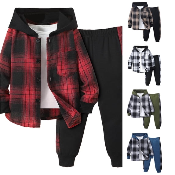 WERYOUNG Toddler Boys Girls Outfits Long Sleeve Patchwork Plaid Prints Button Down Hooded Tops Jogger Pants Kids Fall Winter 2 Piece Sets Comfortable Clothes Sets 4-5 Years