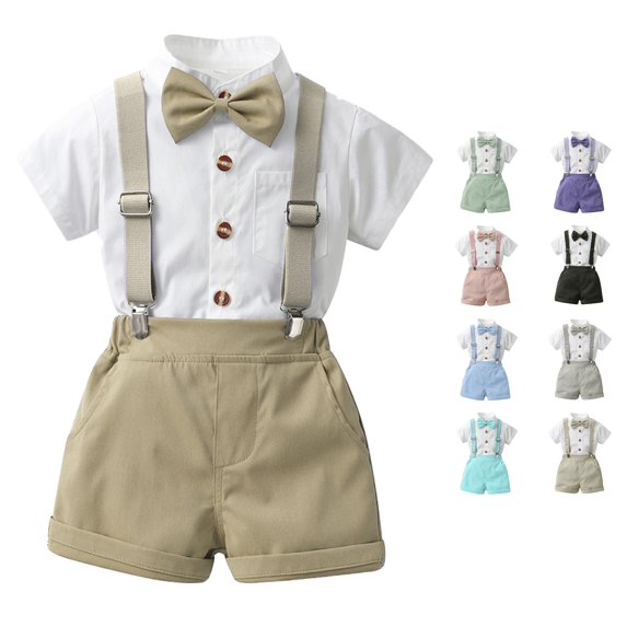 WERYOUNG Toddler Boys Summer Outfits Short Sleeve Solid Color Shirts Tops Suspenders Shorts Child Kids Gentleman Outfits Leisure Lounging Trendy Clothes Sets 12-18 Months