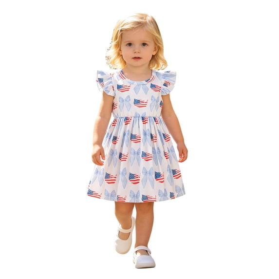 WERYOUNG Toddler Girls 4th Of July Dresses Fly Sleeve Independence Day American Flag Printed Dress Kids Patriotic Dresses Comfortable 6-12 Months