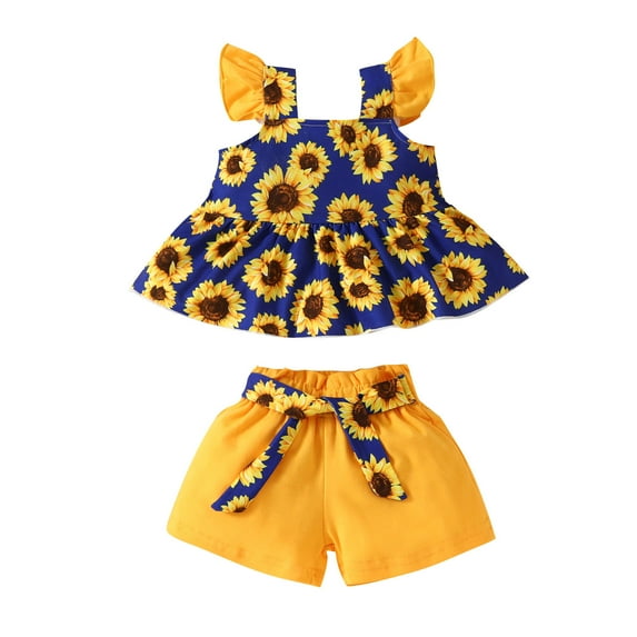 WERYOUNG Toddler Girls Fly Sleeve Sunflower Prints T-Shirt Tops Vest Shorts Outfits, Blue, 3-6 Months