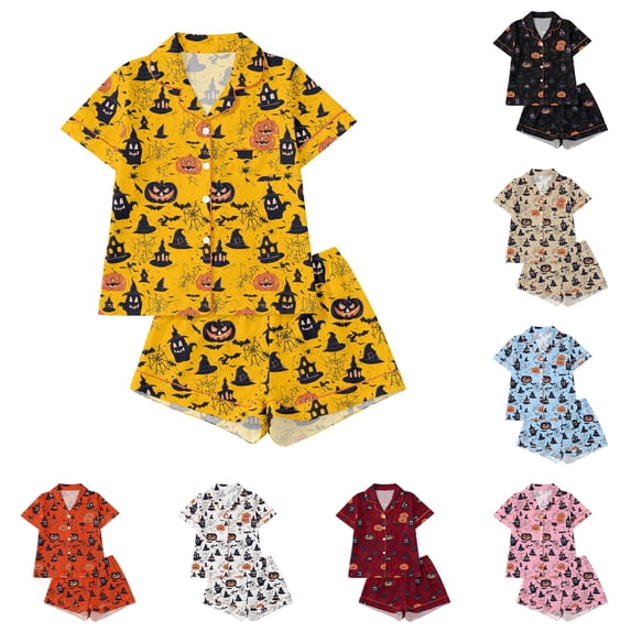 WERYOUNG Toddler Girls Halloween Pajamas Short Sleeve Notched Collar Button Front Tops Shorts 2 Piece Sleepwear Set Cute Cartoon Allover Print Kids Nightwear Stylish Homewear 7-8 Years