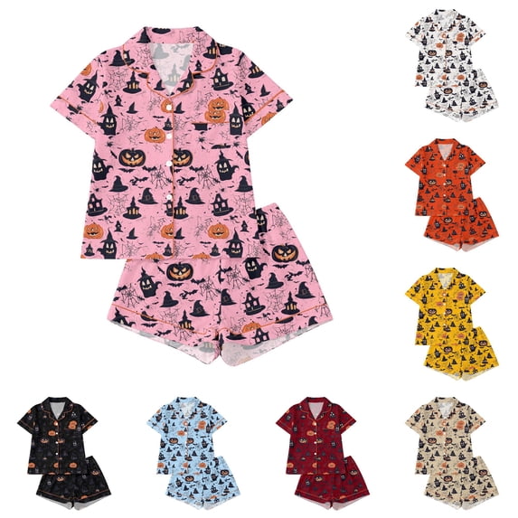 WERYOUNG Toddler Girls Halloween Pajamas Short Sleeve Notched Collar Button Front Tops Shorts 2 Piece Sleepwear Set Cute Cartoon Allover Print Kids Nightwear Stylish Homewear 9-10 Years