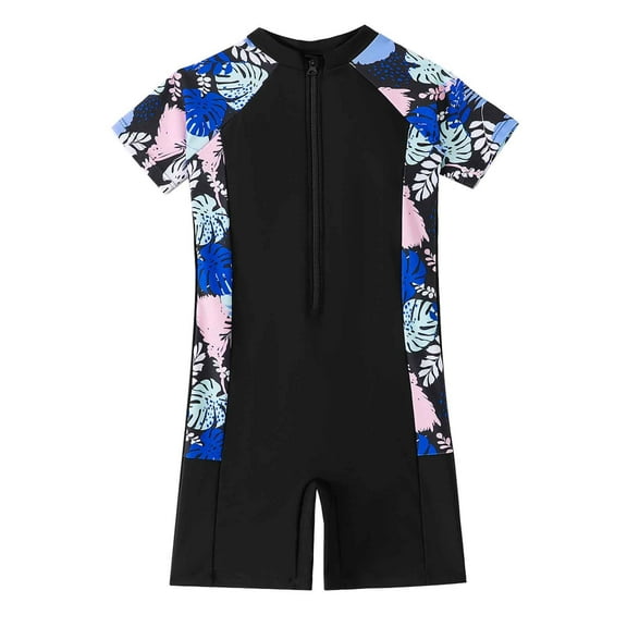 WERYOUNG Toddler Baby Girls Swimwear New Children's Swimsuit Girls Short Sleeve Zipper 1 Piece Boyshorts Children's Swimsuit, Black, 10-11Years