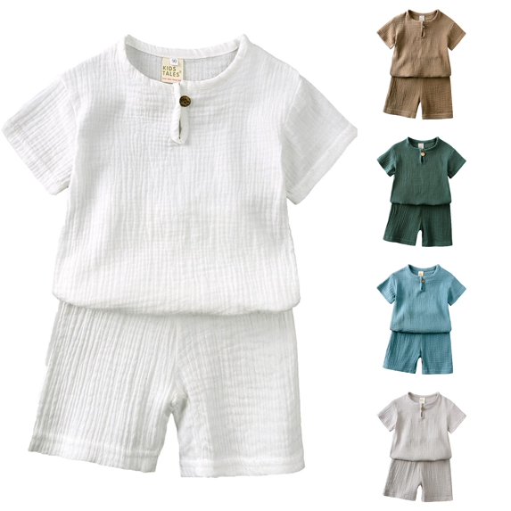 WERYOUNG Toddler Kids Baby Boy Girl Outfits Solid Color Pullover Short Sleeve Cotton Linen Sweatshirt T Shirt Shorts Sets Outdoor Play Stylish Clothing Sets 4-5 Years