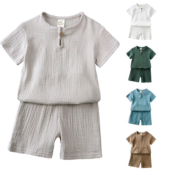 WERYOUNG Toddler Kids Baby Boy Girl Outfits Solid Color Pullover Short Sleeve Cotton Linen Sweatshirt T Shirt Shorts Sets Weekend Activities Versatile Clothes Sets 5-6 Years