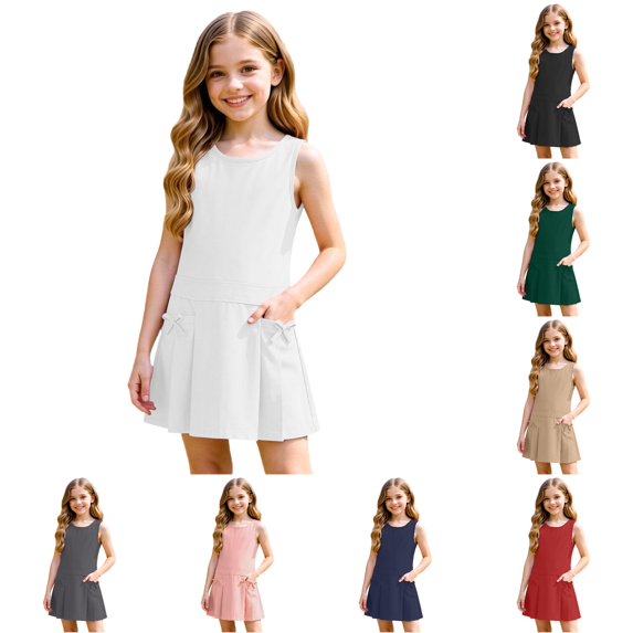 WERYOUNG Toddler Kids Girls Dresses Sleeveless Crewneck Solid Color Back To School Dresses For Girls Breathable Sundresses 7-8 Years