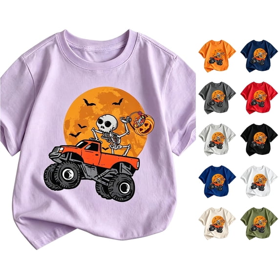 WERYOUNG Toddler Kids Halloween Shirt Boys Skeleton Pumpkin Print Short Sleeve Crewneck T Shirt Loose Fit Fashionable Tees Comfortable Top 2-3 Years