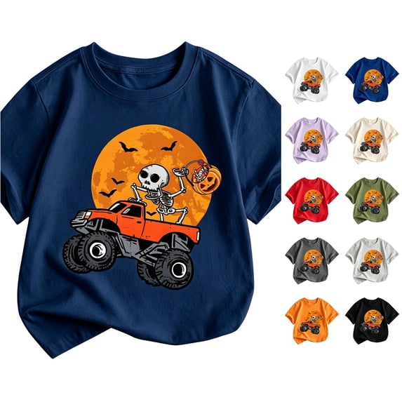 WERYOUNG Toddler Kids Halloween Shirt Boys Skeleton Pumpkin Print Short Sleeve Crewneck T Shirt Loose Fit Fashionable Tees Soft Tops 12-13 Years