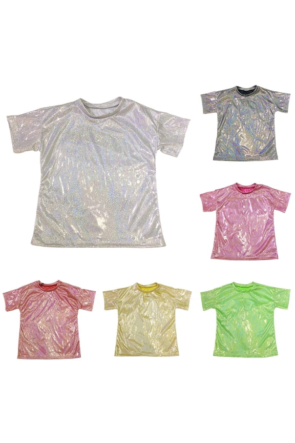 Unisex Dance Shirt With Sequins And Reflective Print Loose Fit Short Sleeve Tees For Kids Boys Girls Performance Stage Stylish Top 8-9 Years