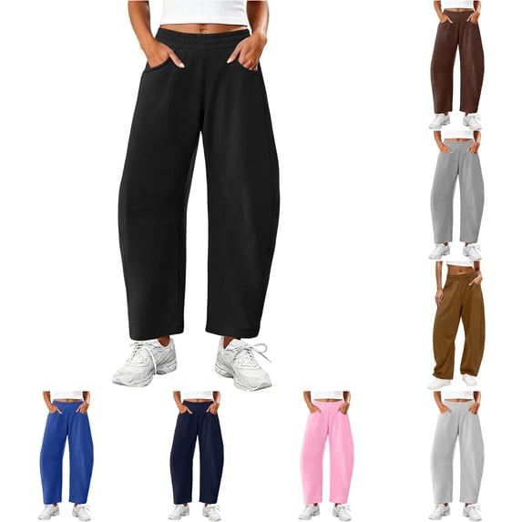 WERYOUNG Women Elastic Waist Barrel Leg Pants Cropped Solid Color Soft Knit Side Pockets Casual Trousers Streetwear Loungewear Daily Pants Comfortable Bottom L