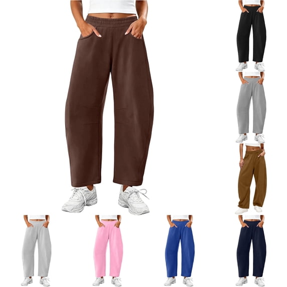 WERYOUNG Women Elastic Waist Barrel Leg Pants Cropped Solid Color Soft Knit Side Pockets Casual Trousers Streetwear Loungewear Daily Pants Stylish Bottom M