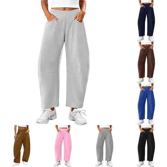 WERYOUNG Women Elastic Waist Barrel Leg Pants Cropped Solid Color Soft Knit Side Pockets Casual Trousers Streetwear Loungewear Daily Pants Versatile Bottoms XL