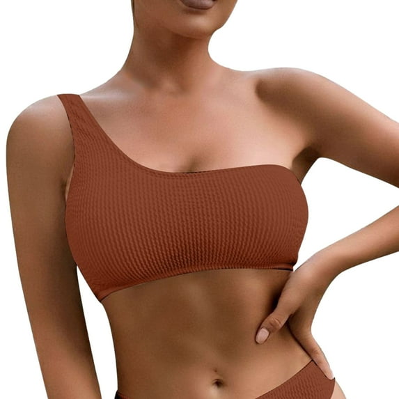 WERYOUNG Women One Shoulder Bikini Swimsuit Tops Ribbed Padded Bathing Suit Bandeau Tops Summer Tropical Brazilian Vacation Swimwear Beachwear Relaxed Fit Coffee L