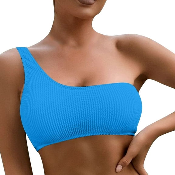 WERYOUNG Women One Shoulder Bikini Swimsuit Tops Ribbed Padded Bathing Suit Bandeau Tops Summer Tropical Brazilian Vacation Swimwear Beachwear Versatile Blue S
