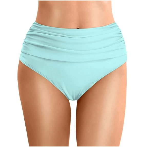 WERYOUNG Women Summer Tropical Brazilian Vacation Swimwear Solid Color High Waist Pleated Beach Double Layered Bikini Swim Trunks Stylish Mint Green L