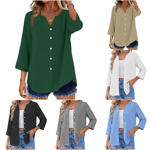WERYOUNG Women's Blouses Solid Color Button Down 3/4 Sleeve Open Front Cardigan Blouse Summer Lightweight Casual Longline Shirts For Everyday Wear Soft Top S