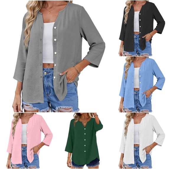 WERYOUNG Women's Blouses Solid Color Button Down 3/4 Sleeve Open Front Cardigan Blouse Summer Lightweight Casual Longline Shirts For Everyday Wear Stylish Top XL