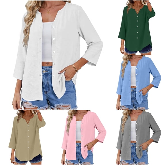 WERYOUNG Women's Blouses Solid Color Button Down 3/4 Sleeve Open Front Cardigan Blouse Summer Lightweight Casual Longline Shirts For Everyday Wear Trendy Top XXL