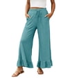 thumbnail image 1 of WERYOUNG Women's Casual Pants Solid Color Elastic Waist Flared Trousers Loose Fit Wide Leg Cropped Pant With Ruffled Hem Holiday Vacation Breathable Cozy Trouser, 1 of 5