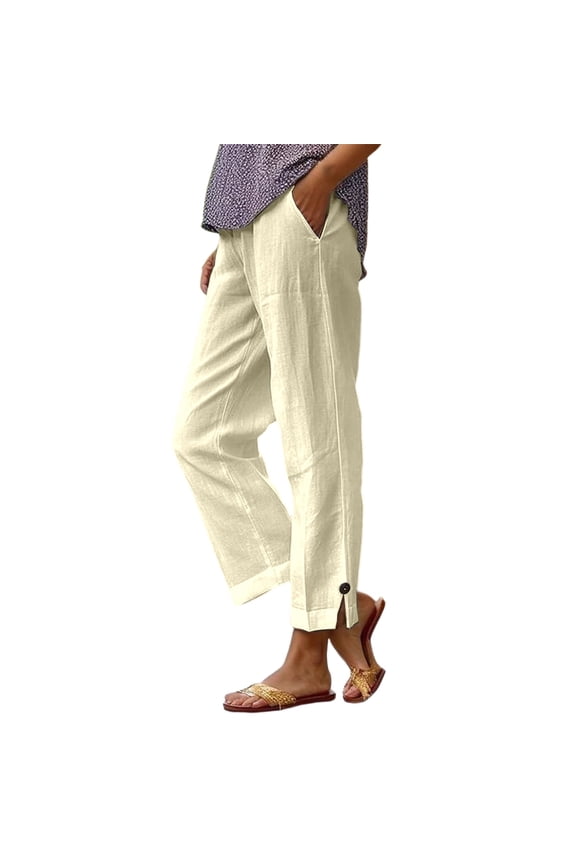 Women's Casual Pants Solid Color Elastic Waist Trousers Everyday Wear Loose Fit Straight Leg Pant With Pockets Holiday Vacation Stylish Comfortable Slacks