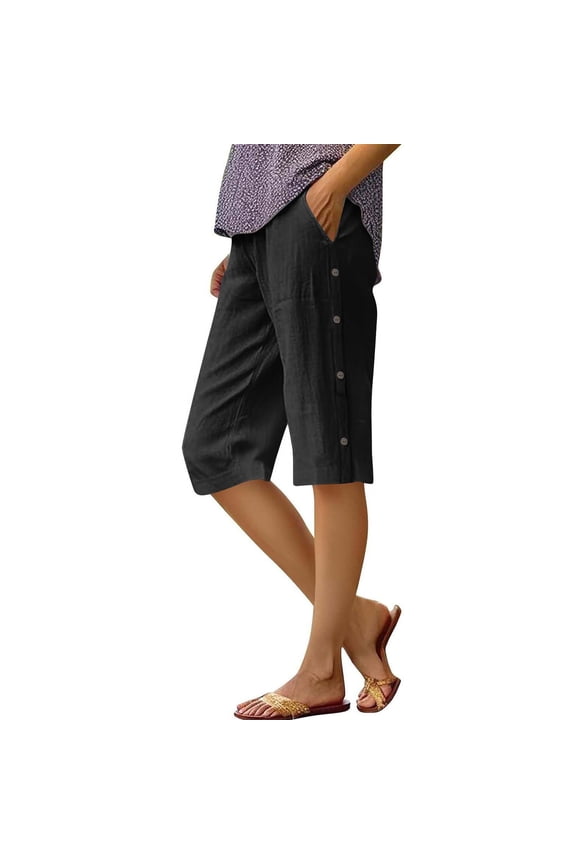 Women's Casual Summer Knee Length Pants Elastic Waist Loose Fit Button Trousers With Pockets Holiday Vacation Stylish Slacks