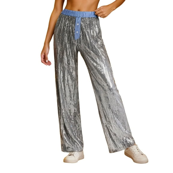 WERYOUNG Women's Joggers Pants Sequin Pants Striped Sparkling Casual Pants Comfortable Elastic Waist Trousers For Everyday Wear Relaxation
