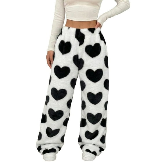 WERYOUNG Women's Joggers Pants Valentine's Day Heart Print Flannel Pants For Winter Casual Wide Leg Trousers Loose Fit Comfort Slacks