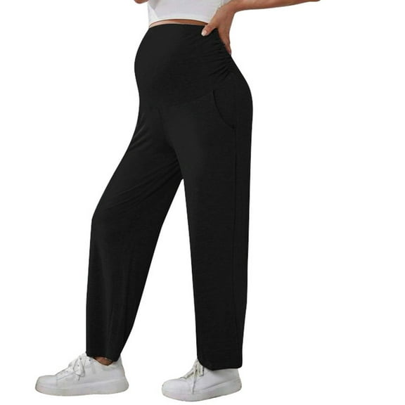 WERYOUNG Women's Maternity Pants Solid Color Stretch Workout Sweatpants Straight Leg Maternity Pants Loose Casual Trousers With Pockets Trendy Wear