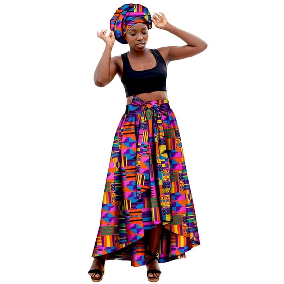 WERYOUNG Women's Skirts Retro Printed High Waist Casual Dancewear Maxi Skirt With Head Wrap Scarf Evening Party Flowy Versatile Skirt